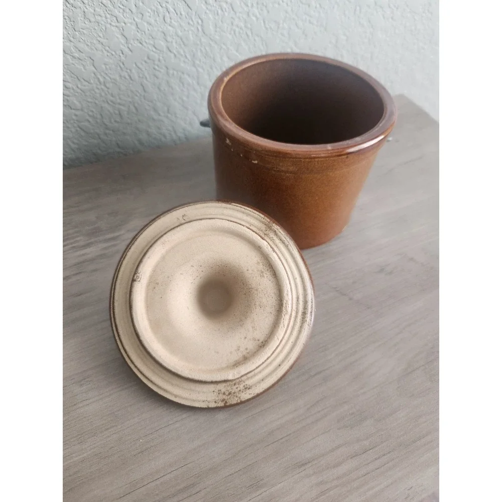 Vintage Brown Glazed Stoneware Cheese/Butter Crock with Bail Clamp Lid - 5 